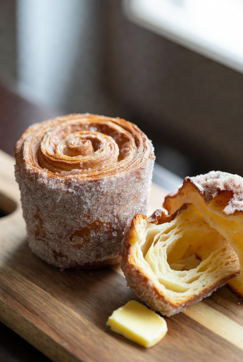 A cross-section of a Cruffins.com pastry showing molten caramel centers