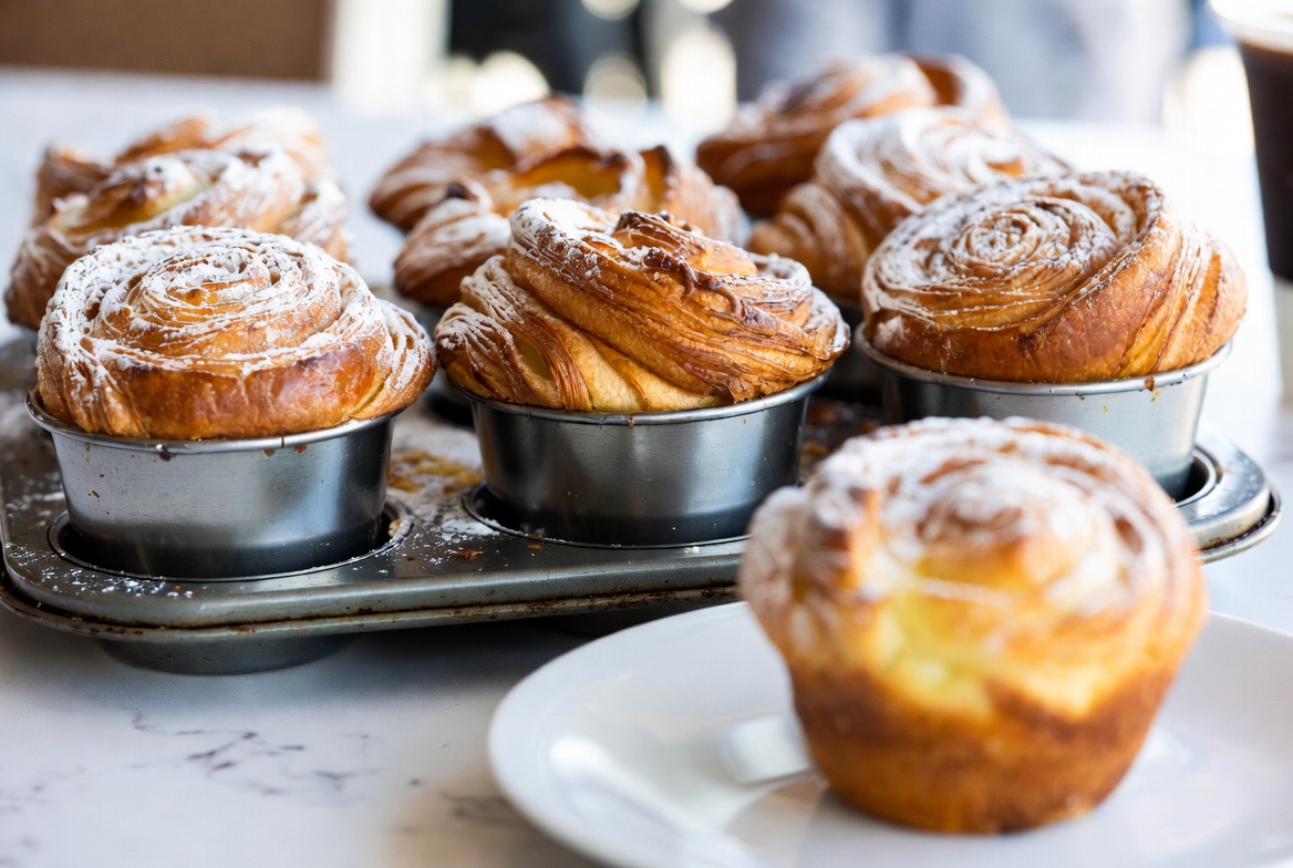 Close up of sugar-dusted cruffin spirals by Cruffins.com